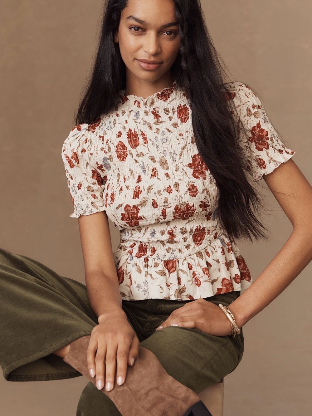 REFORMATION 
Aggie Puff-Sleeve Smocked Peplum Top - Neutrals, XS